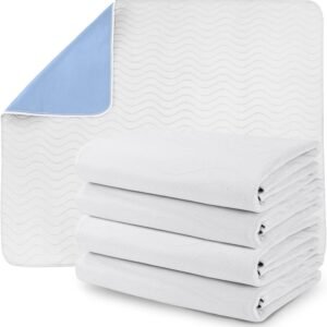 Waterproof Incontinence Bed Pads 34 x 52 Inches (Pack of 4, Blue), Washable and Reusable Underpads for Adults, Elderly and Pets, Absorbent Protective Pads