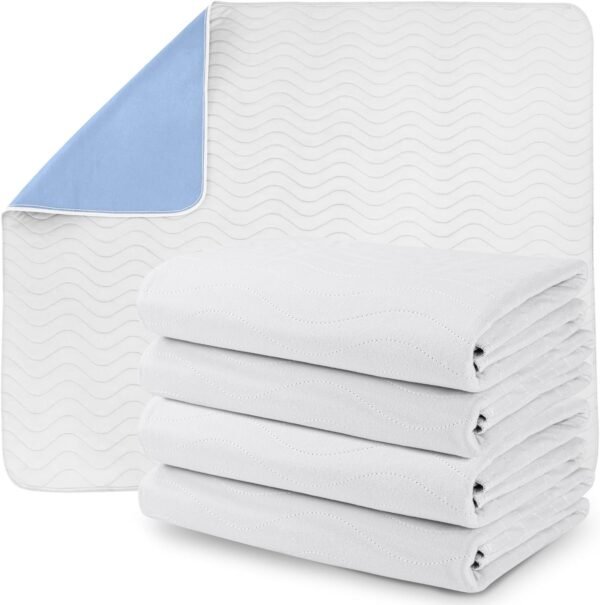 Waterproof Incontinence Bed Pads 34 x 52 Inches (Pack of 4, Blue), Washable and Reusable Underpads for Adults, Elderly and Pets, Absorbent Protective Pads
