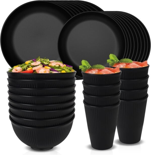 48 Pcs Dinnerware Sets, Unbreakable Plates and Bowls Sets, Reusable Dinnerware Sets for 4 People, Travel Camping Picnic Home Party Cutlery Set, Dishwasher Microwave Safe Dishes