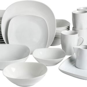 Porcelain Chip and Scratch Resistant Dinnerware set, Service for 4 (12pcs), White (Soft Square)
