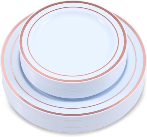 71_pd87dHzL._AC_SL1500.jpg 60-Piece Plastic Plates Set Premium 30 Dinner Plates & 30 Salad Plates Pack, Disposable Plates for Party - White Plastic Wedding Plates with Rose Gold Rim