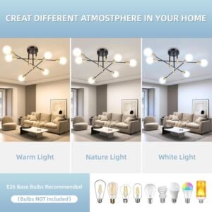 Modern Sputnik Chandelier, 6-Light Black Gold Ceiling Light Fixture, Industrial Sputnik Lights Fixture for Bedroom, Living Room, Dining Room, Kitchen, Hallway, E26 Base, Bulbs Not Included