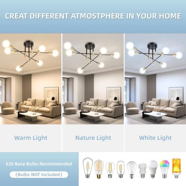 Modern Sputnik Chandelier, 6-Light Black Gold Ceiling Light Fixture, Industrial Sputnik Lights Fixture for Bedroom, Living Room, Dining Room, Kitchen, Hallway, E26 Base, Bulbs Not Included