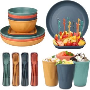 48 Pcs Dinnerware Sets, Unbreakable Plates and Bowls Sets, Reusable Dinnerware Sets for 4 People, Travel Camping Picnic Home Party Cutlery Set, Dishwasher Microwave Safe Dishes