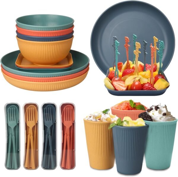 48 Pcs Dinnerware Sets, Unbreakable Plates and Bowls Sets, Reusable Dinnerware Sets for 4 People, Travel Camping Picnic Home Party Cutlery Set, Dishwasher Microwave Safe Dishes