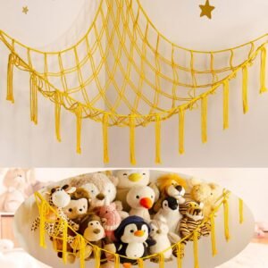 Large Stuffed Animal Hammock Corner Net for Toys Storage Hanging Stuff Animal Organizer Holder Pink Girls Living Room Bedroom Boho Nursery Dorm Decor