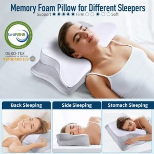 Memory Foam Pillows Cervical Neck Pillow for Neck Pain Relief, Contour Cooling Bed Pillow for Sleeping, Odorless Ergonomic Orthopedic Neck Support Pillows for Side Back Stomach Sleeper with Pillowcase