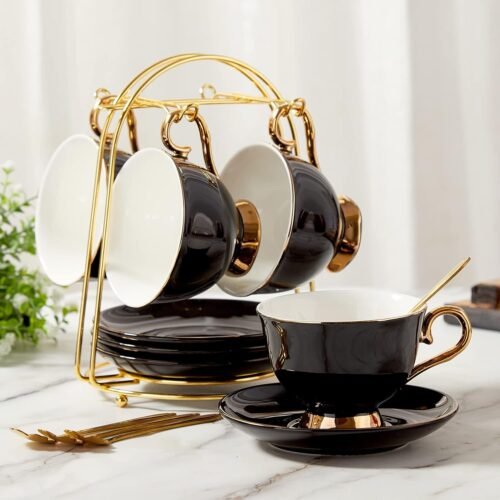 Tea Cups and Saucers Set of 4 (7.4oz), Luxury Tea Cup Set with Golden Trim, Black Coffee Cups with Metal Stand, British Porcelain Tea Party Set - Black