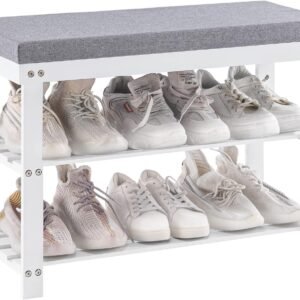 Bamboo Shoe Rack for Entryway, 3-Tier Shoe Rack Bench for Front Indoor Entrance, Small Shoe Organizer with Storage, 35.4 Inches, Black