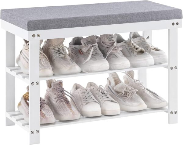 Bamboo Shoe Rack for Entryway, 3-Tier Shoe Rack Bench for Front Indoor Entrance, Small Shoe Organizer with Storage, 35.4 Inches, Black