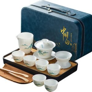 Asian tea set |Kungfu tea sets |Ceramic Portable tea set |tea sets for adult |13-piece withgrey leather case |Tea set gift for Home, Outdoor, Business (Ceramic-Black teaset)