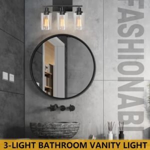 71cy27NInVL._AC_SL1500.jpg Bathroom Light Fixtures, 3-Light Bathroom Vanity Light, Matte Black Vanity Light with Clear Glass Shade, Modern Bathroom Lights Over Mirror, Vanity Lighting Fixtures for Bathroom, Living Room, Hallway
