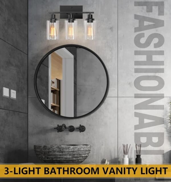 71cy27NInVL._AC_SL1500.jpg Bathroom Light Fixtures, 3-Light Bathroom Vanity Light, Matte Black Vanity Light with Clear Glass Shade, Modern Bathroom Lights Over Mirror, Vanity Lighting Fixtures for Bathroom, Living Room, Hallway