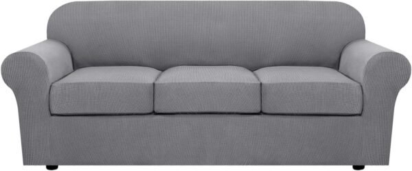 H.VERSAILTEX 3 Piece Stretch Sofa Covers for 2 Cushion Sofa Couch Covers for Living Room Furniture Cover (Base Cover Plus 2 Seat Cushion Covers) Thicker Jacquard Fabric(Large Sofa, Grey)