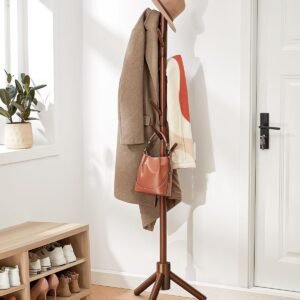 Coat Rack Stand, Wooden Coat Rack Freestanding with 8 Hooks, Coat Tree with 3 Height Configurations for Entryway, Hallway, Bedroom, Office, AMWCR01