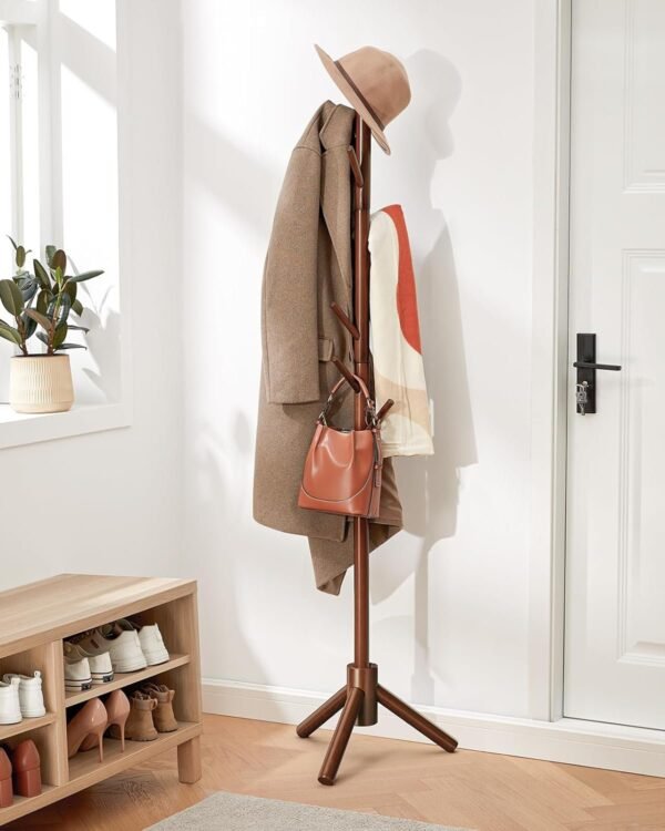Coat Rack Stand, Wooden Coat Rack Freestanding with 8 Hooks, Coat Tree with 3 Height Configurations for Entryway, Hallway, Bedroom, Office, AMWCR01