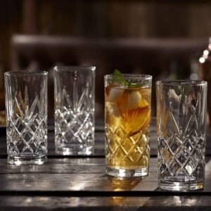 Kinsley Tall Highball Glasses Set of 8, 12 Ounce Cups, Textured Designer Glassware for Drinking Water, Beer, or Soda, Trendy and Elegant Dishware, Dishwasher Safe (Hiball)