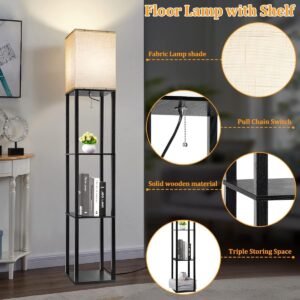 Floor Lamp with Shelves, Shelf Lamps with 3 Color Temperature LED Bulb,Storage Wood Texture Modern, Display Standing Lamp for Living Room,Office, Bedroom