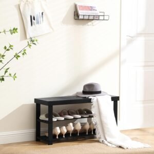 Bamboo Shoe Rack for Entryway, 3-Tier Shoe Rack Bench for Front Indoor Entrance, Small Shoe Organizer with Storage, 35.4 Inches, Black
