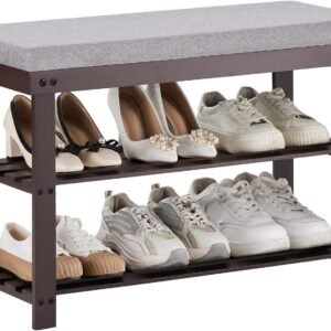 Bamboo Shoe Rack for Entryway, 3-Tier Shoe Rack Bench for Front Indoor Entrance, Small Shoe Organizer with Storage, 35.4 Inches, Black