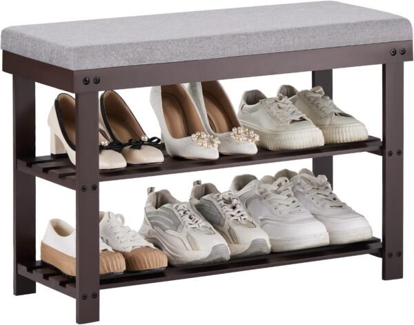 Bamboo Shoe Rack for Entryway, 3-Tier Shoe Rack Bench for Front Indoor Entrance, Small Shoe Organizer with Storage, 35.4 Inches, Black