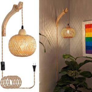 71e8RPuEgjL._AC_SL1500.jpg Bamboo Lantern Plug in Wall Sconces Wicker Wall Lamp with Plug in Cord Hand Woven Rattan Wall Light Farmhouse Rustic Wall Sconces Boho Sconces Wall Lighting for Living Room Bedroom