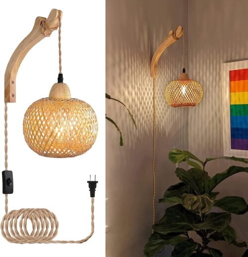 Bamboo Lantern Plug in Wall Sconces Wicker Wall Lamp with Plug in Cord Hand Woven Rattan Wall Light Farmhouse Rustic Wall Sconces Boho Sconces Wall Lighting for Living Room Bedroom