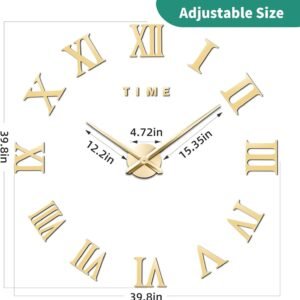 Large 3D DIY Wall Clock, Giant Roman Numerals Clock Frameless Mirror Big Wall Clock Home Decoration for Home Living Room Bedroom Wall Decorations(Gold)