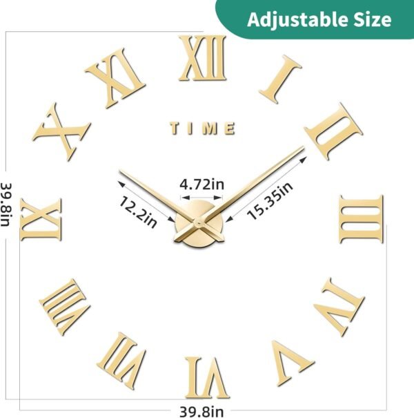 Large 3D DIY Wall Clock, Giant Roman Numerals Clock Frameless Mirror Big Wall Clock Home Decoration for Home Living Room Bedroom Wall Decorations(Gold)