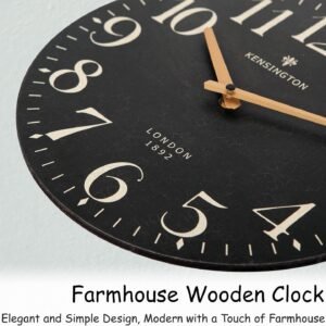 Farmhouse Black Wall Clock - 12 Inch Quartz Battery Operated Vintage Wooden Decorative Silent Analog Clock for Kitchen, Living Room, Bedroom, Office