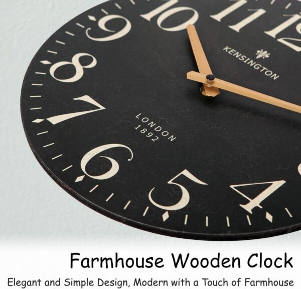 Farmhouse Black Wall Clock - 12 Inch Quartz Battery Operated Vintage Wooden Decorative Silent Analog Clock for Kitchen, Living Room, Bedroom, Office