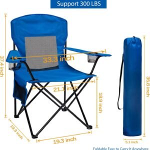Portable Camping Chair Folding Quad Outdoor Lawn Chairs Cooling Mesh Back, Adjustable Arm Height, 2 Cup Holder, Side Pocket for Concert, Carry Bag for Sports Support 300lbs(Blue Mesh)
