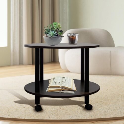 71f2nr1t5yL._AC_SL1500.jpg JIFULI Coffee Table with Rolling Base,Black Wooden End Table for Couch,2-Tier Coffee Tables for Living Room,Round