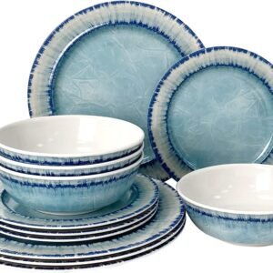 Melamine Dinnerware Set of 12 Pcs Dinner Dishes Set for Indoor and Outdoor Use, Dishwasher Safe, Lightweight Unbreakable, BPA Free, Light Blue