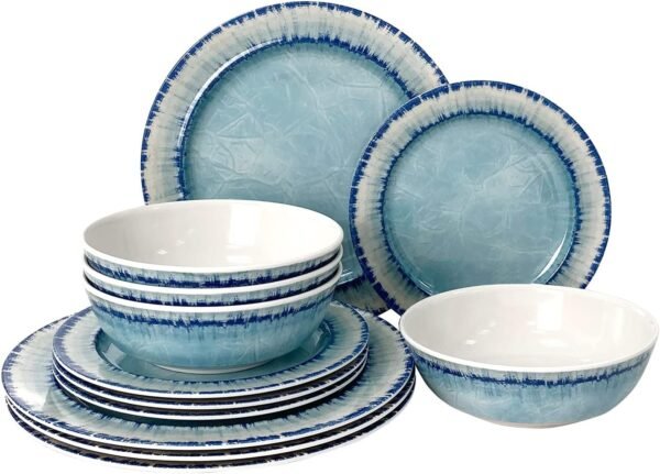 Melamine Dinnerware Set of 12 Pcs Dinner Dishes Set for Indoor and Outdoor Use, Dishwasher Safe, Lightweight Unbreakable, BPA Free, Light Blue