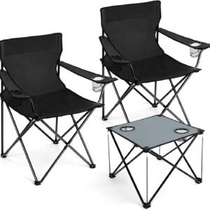 Portable Camping Chair, Large Outdoor Folding Chair for Adults, 600D Oxford Fabric Sturdy Foldable Chair for Beach, Fishing, Picnic Lawn and More Outdoor Sports, Carry Bag & Cup Holders, Black