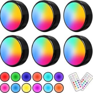 Puck Lights with Remote, 6 Pack LED Under Cabinet Lighting Dimmable Push Lights Battery Operated Under Counter Tap Lights for Kitchen, Multicolor Transformation Stick On Lights, Shiny Black