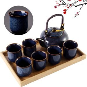 Japanese White Porcelain Tea Set with 1 Teapot Set, 6 Tea Cups, 1 Tea Tray, 1 Stainless Infuser, Cute Asian Tea Set for Tea Lover/Women/Men (Plum in Golden)