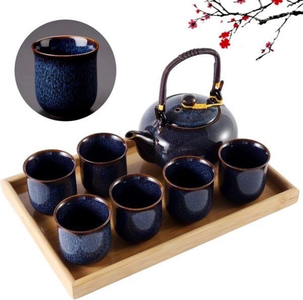 Japanese White Porcelain Tea Set with 1 Teapot Set, 6 Tea Cups, 1 Tea Tray, 1 Stainless Infuser, Cute Asian Tea Set for Tea Lover/Women/Men (Plum in Golden)