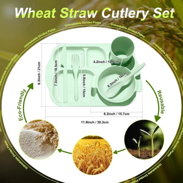 24 Pcs Wheat Straw Dinnerware Cutlery Sets, Kids Toddlers Divided Plates Unbreakable Bowl Microwave Dishwasher Safe Tableware Cutlery Spoon Knife Fork Cup (Orange, Yellow, Beige, Green)