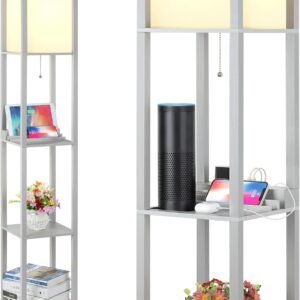 3-in-1 Shelf Floor Lamp with 1 USB&Type C&1 AC Outlet, 3-Tiered LED Shelf Lamp, Shelf & Storage Floor Lamp Combination Modern Standing Light