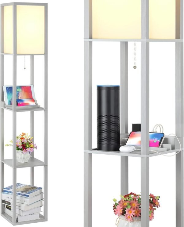 3-in-1 Shelf Floor Lamp with 1 USB&Type C&1 AC Outlet, 3-Tiered LED Shelf Lamp, Shelf & Storage Floor Lamp Combination Modern Standing Light