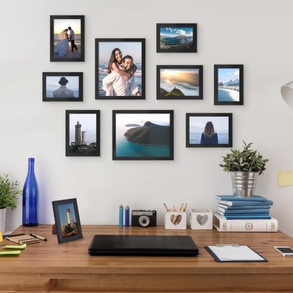 10 Pack Picture Frames Collage Wall Decor with Glass, Gallery Wall Frame Set for Wall Mounting or Tabletop Display, Multi Sizes Including 8x10, 5x7, 4x6 Family Photo Frames, Black