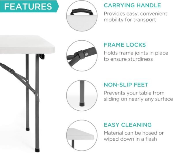 Best Choice Products 4ft Plastic Folding Table, Indoor Outdoor Heavy Duty Portable w/Handle, Lock for Picnic, Party, Camping - White