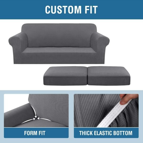 H.VERSAILTEX 3 Piece Stretch Sofa Covers for 2 Cushion Sofa Couch Covers for Living Room Furniture Cover (Base Cover Plus 2 Seat Cushion Covers) Thicker Jacquard Fabric(Large Sofa, Grey)