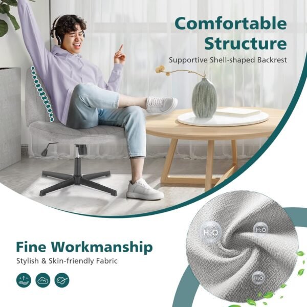 Cross Legged Armless Wide Adjustable Swivel Padded Fabric Home Office Desk Chair No Wheels