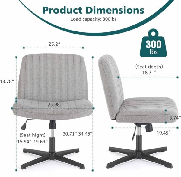 Cross Legged Armless Wide Adjustable Swivel Padded Fabric Home Office Desk Chair No Wheels