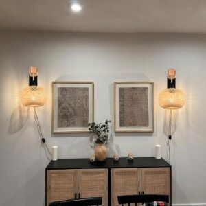 Rattan Wall Sconces Set of Two Plug in,Farmhouse Plug in Wall Sconces Hand Woven Bamboo Wall Light Fixtures with Switch,Rustic Black Wall Sconce Light Plug in Wall Lamp for Living Room Bedroom