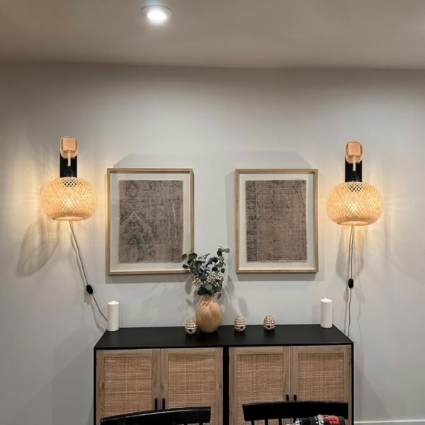 Rattan Wall Sconces Set of Two Plug in,Farmhouse Plug in Wall Sconces Hand Woven Bamboo Wall Light Fixtures with Switch,Rustic Black Wall Sconce Light Plug in Wall Lamp for Living Room Bedroom
