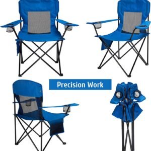 Portable Camping Chair Folding Quad Outdoor Lawn Chairs Cooling Mesh Back, Adjustable Arm Height, 2 Cup Holder, Side Pocket for Concert, Carry Bag for Sports Support 300lbs(Blue Mesh)